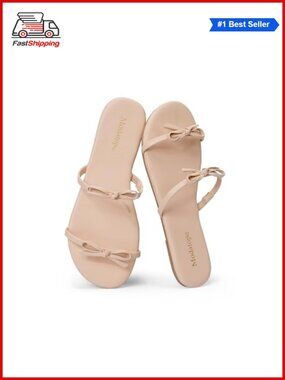 Womens Flat Sandals Faux Leather Bow Slip On Summer Beach Shoes